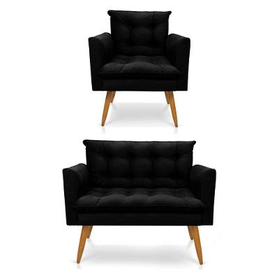 Kit Poltrona E Namoradeira 2 Lugares Olivia Suede Preto
