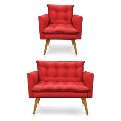 Kit Poltrona E Namoradeira 2 Lugares Olivia Suede Vermelho