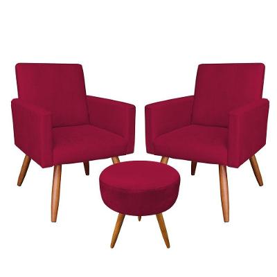 Kit 2 Poltronas E Puff Redonda Vermelho e Castanho