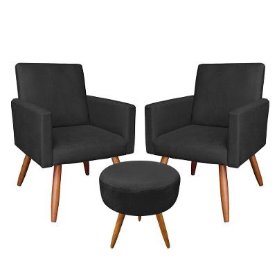 Kit 2 Poltronas E Puff Redonda Preto e Castanho