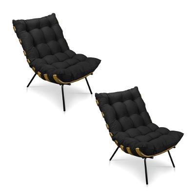 Kit 2 Poltronas Costela Veludo Base Metálica Pallazio Preto