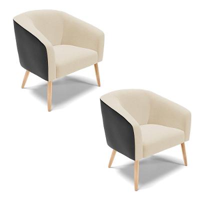 Kit 02 Poltronas Corano Preto Com Linho Bege Pés Palito
