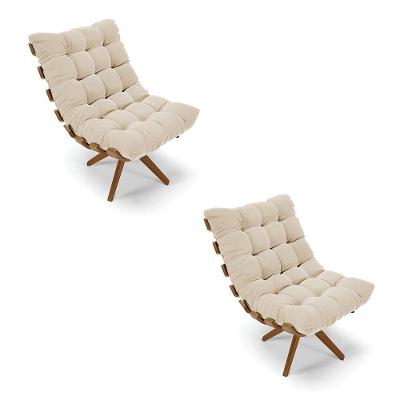 Kit 02 Poltronas Giratória Costela Suede Bege Base Madeira