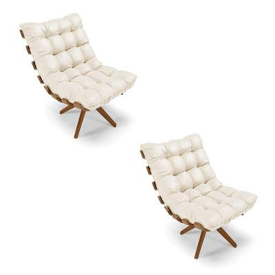 Kit 02 Poltronas Giratória Costela Corino Bege Base Madeira