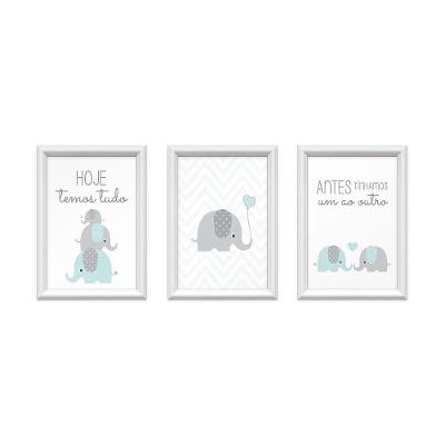 Kit 3 Quadros Decorativos Familia Elefantes 24x34cm