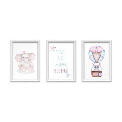 Kit 3 Quadros Decorativos Elefante Balão Rosa 24x34cm