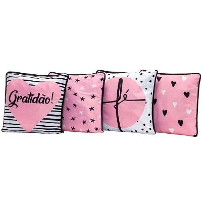 4 Almofadas Cheias Gratidão E Fé Rosa 45cmx45cm