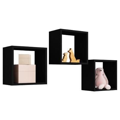 Kit 3 Nichos Decorativos Parede Milla Quadrado Em Mdp Preto