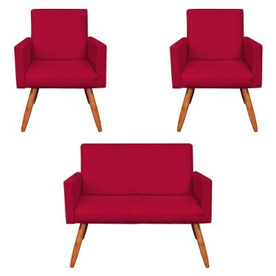 Kit 2 Poltronas/Namoradeira Veludo Vermelho Pés Palito
