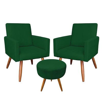 Kit 2 Poltronas/Puff Redonda Veludo Verde Pés Palito
