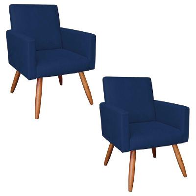Kit 2 Poltronas Veludo Azul Marinho Pés Palito Castanho