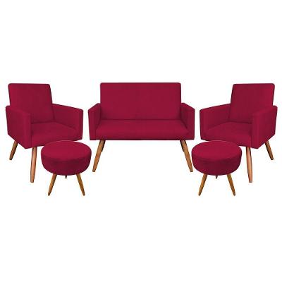 Kit Namoradeira 2 Poltronas/2 Puffs Veludo Vermelho