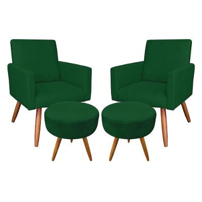 Kit 2 Poltronas/2 Puffs Redonda Veludo Verde
