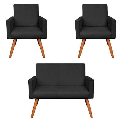 Kit 2 Poltronas/Namoradeira Veludo Preto Pés Palito Castanho