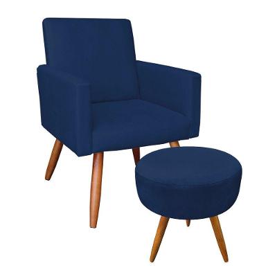 Kit Poltrona/Puff Redonda Veludo Azul Marinho