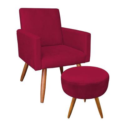 Kit Poltrona/Puff Redonda Veludo Vermelho Pés Palito