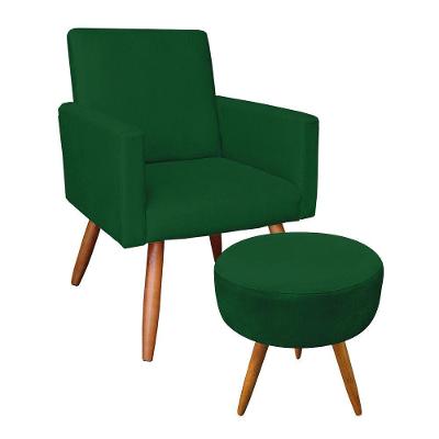 Kit Poltrona E Puff Redonda Veludo Verde Pés Palito Castanho
