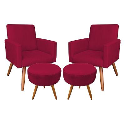 Kit 2 Poltronas/2 Puffs Redonda Veludo Vermelho