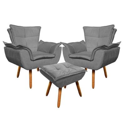 Kit 2 Poltronas Decorativas Pés Palito Com Puff Opla Suede Grafite - Ibiza