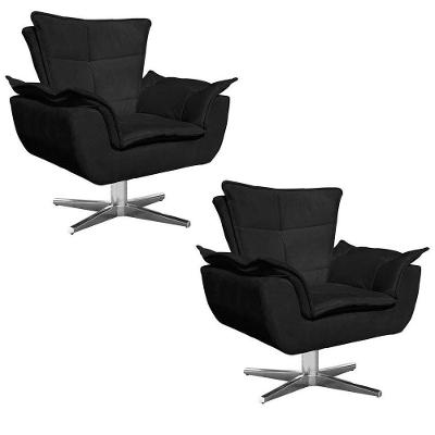 Kit 2 Poltronas Decorativas Sala De Estar Base Giratória Cromada Opla Suede Preto - Ibiza