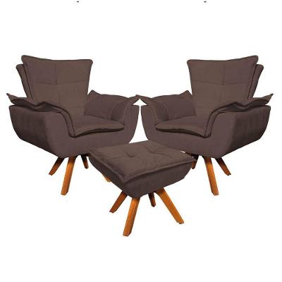 Kit 2 Poltronas Decorativas Base Giratória Giromad Com Puff Opla Suede Marrom - Ibiza