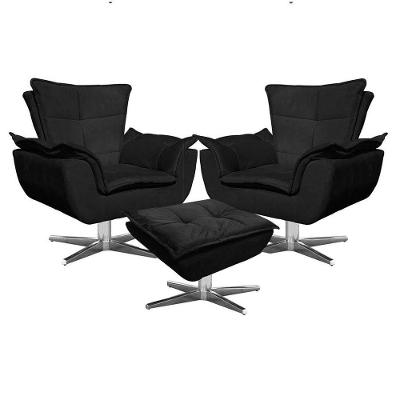Kit 2 Poltronas Decorativas Base Giratória Cromada Com Puff Opla Suede Preto - Ibiza