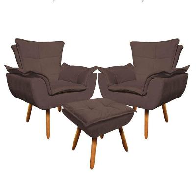 Kit 2 Poltronas Decorativas Pés Palito Com Puff Opla Suede Marrom - Ibiza