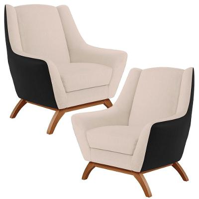 Kit 02 Poltronas Corano Preto C-05 Linho Bege C-107