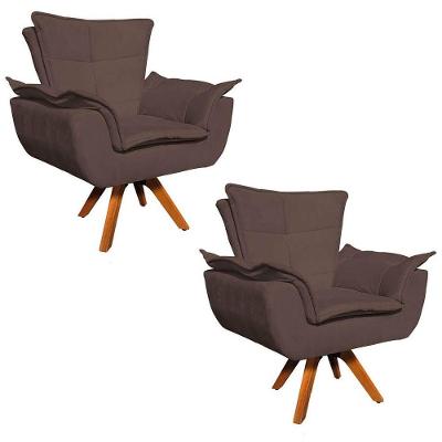 Kit 2 Poltronas Decorativas Sala De Estar Base Giratória Madeira Opla Suede Marrom - Ibiza