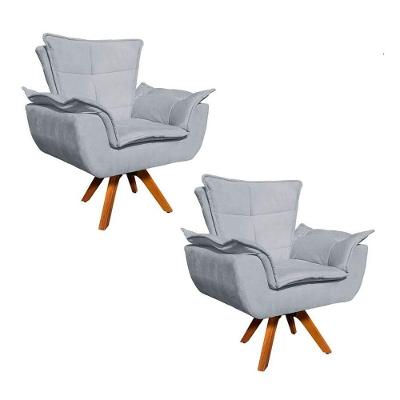 Kit 2 Poltronas Decorativas Sala De Estar Base Giratória Madeira Opla Suede Cinza - Ibiza
