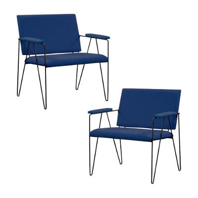 Kit 2 Poltronas Decorativas Base Em Aço Preto Eslovenia Linho Azul Marinho - Gran Belo