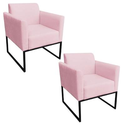 Kit 2 Poltronas Decorativas Base Industrial Preto Maressa S19 Suede Rosa Bebê - Ibiza
