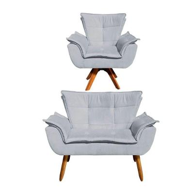 Kit Namoradeira 2 Lugares E 1 Poltrona Decorativa Giratória Madeira Opla Suede Cinza - Ibiza