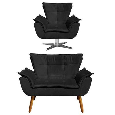 Kit Namoradeira 2 Lugares E 1 Poltrona Decorativa Giratória Cromada Opla Suede Preto - Ibiza