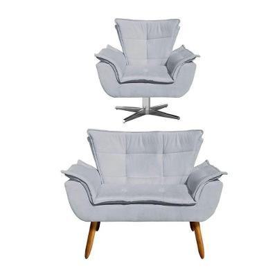 Kit Namoradeira 2 Lugares E 1 Poltrona Decorativa Giratória Cromada Opla Suede Cinza - Ibiza