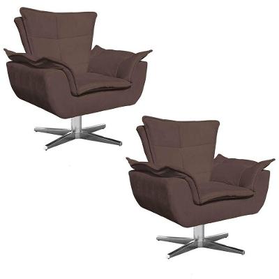 Kit 2 Poltronas Decorativas Sala De Estar Base Giratória Cromada Opla Suede Marrom - Ibiza