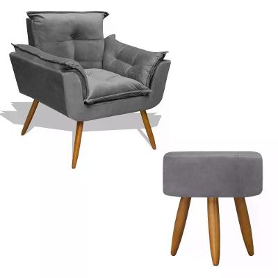 Kit Poltrona Decorativa Opala Com Puff Redondo - Cinza Cinza