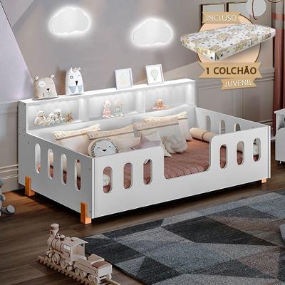 Cama Infantil Montessoriana Com Colchão Juvenil Led E Nicho Nina - Branca - Cor: Branco