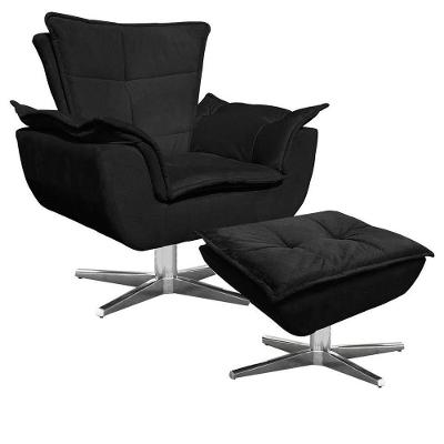 Poltrona Decorativa Base Giratória Cromada Com Puff Opla Suede Preto - Ibiza