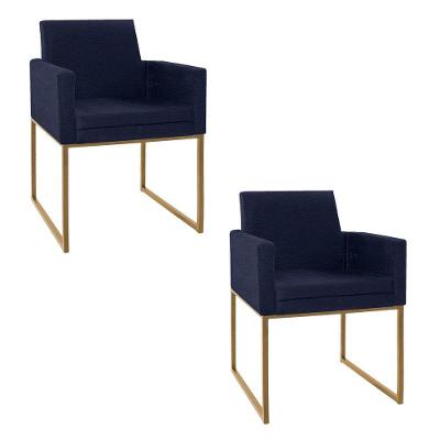 Kit 02 Poltronas Decorativas Bellinha Base de Ferro Dourado Corano Azul Marinho