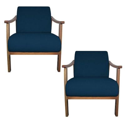 Kit 02 Poltrona Liz Base Madeira Suede Cor Azul Marinho