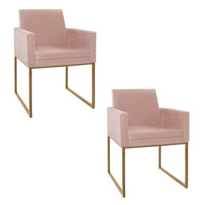 Kit 02 Poltronas Decorativa Bellinha Base de Ferro Dourado Suede Rosê