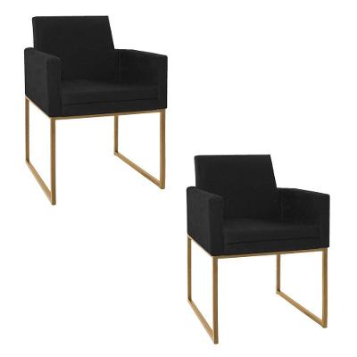 Kit 02 Poltronas Decorativa Bellinha Base de Ferro Dourado Suede Preto