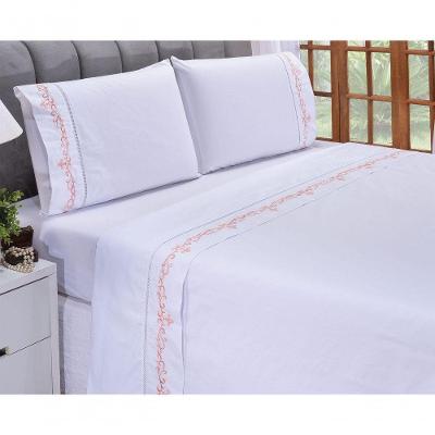 Jogo Lençol Imperial Quarto Casal Padrão Bordado 4 Peças 2fronha Cor: Branco Com Salmão