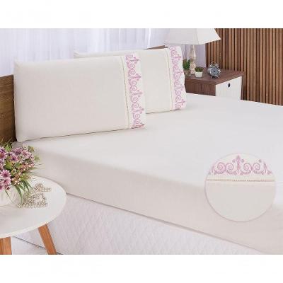 Jogo Lençol Quarto Casal Queen Bordado 3peças Palha Com Rose