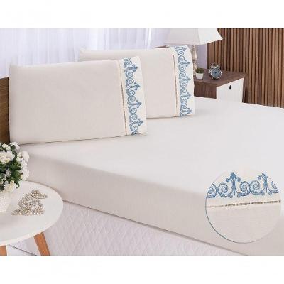 Jogo Lençol Quarto Casal Padrão Bordado 3pç Palha Com Azul