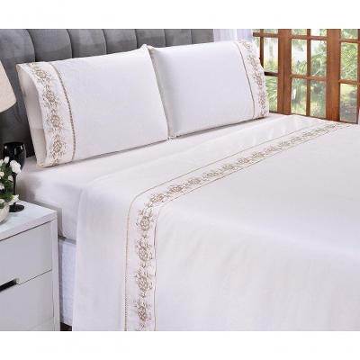 Jogo Lençol Floral Quarto Casal King Bordado 4 Peças 2fronha Cor: Palha Com Caqui