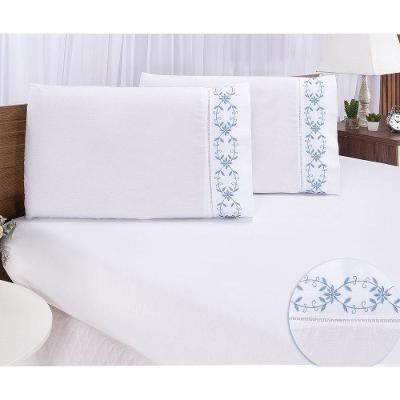 Jogo Lençol Padrão Casal Bordado 3 Peças Branco Azul Veneza