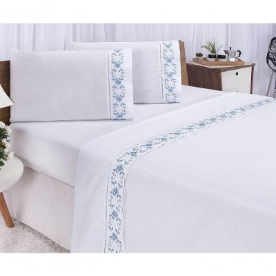 Jogo Lençol Veneza Quarto Casal Padrão Bordado 4 Peças 2fronha Cor: Branco Com Azul.
