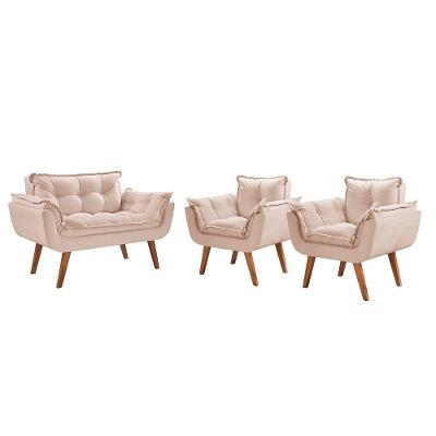 Conjunto Poltronas Opalla Pés Madeira Bege
